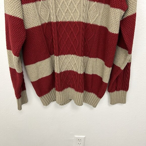 LL Bean Signature Men’s XXL Sweater Striped Cable Knit Red Beige Cotton Linen - Picture 3 of 10